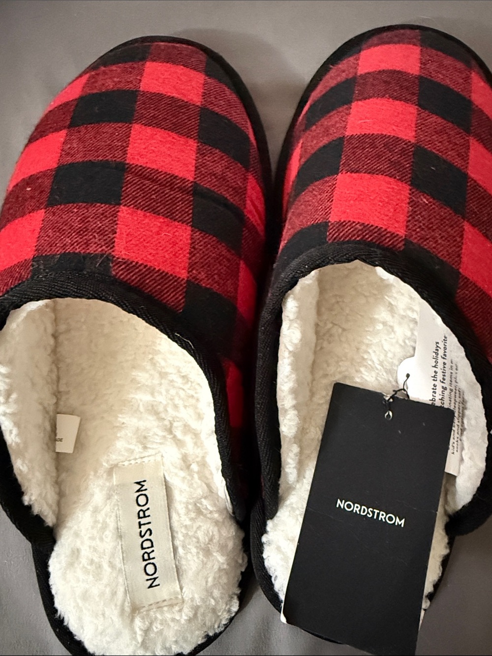 Nordstrom Red and Black Buffalo Plaid Sherpa-Lined Slip-On Slippers